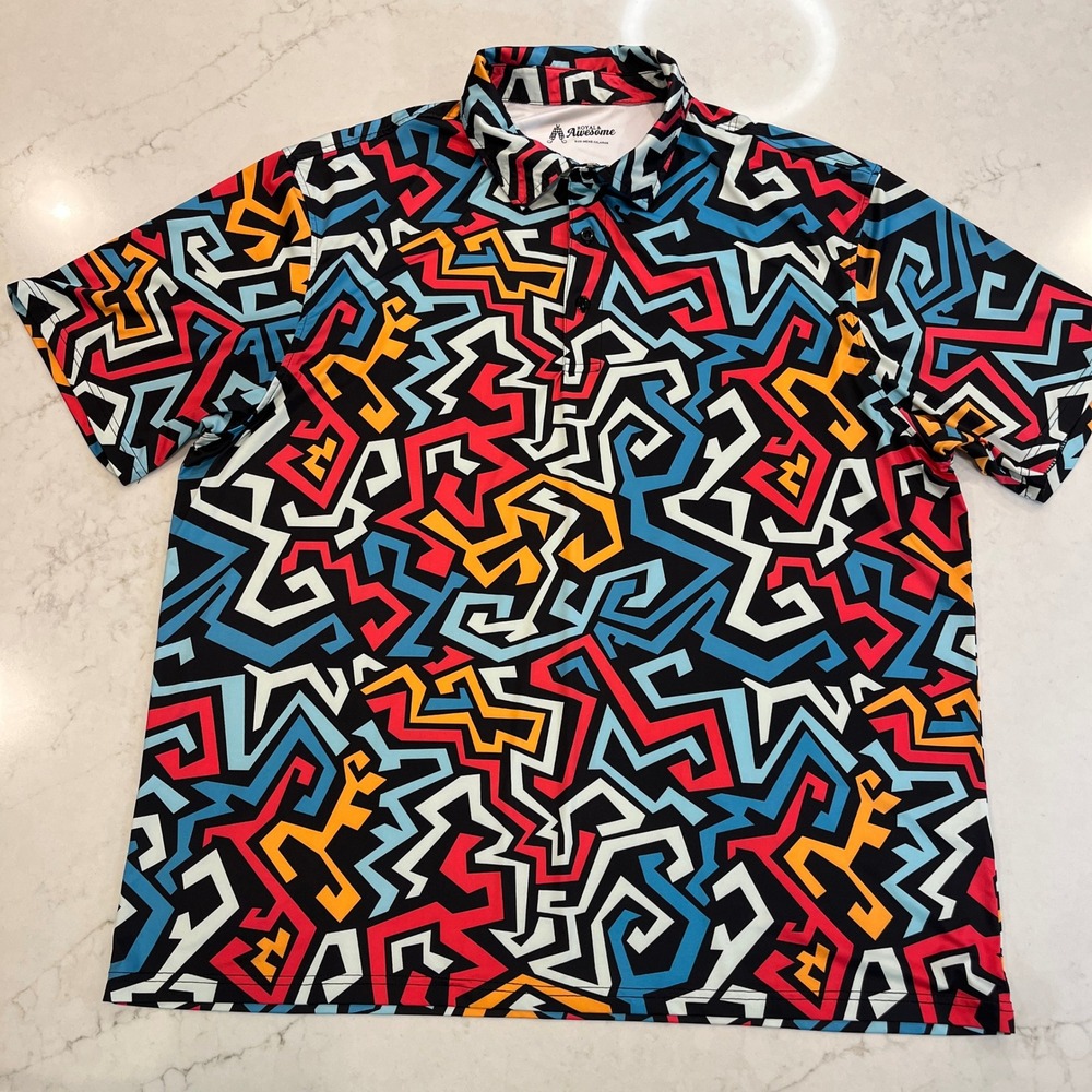 Royal & Awesome Graffiti Geometric Golf SS Polo Mens XXL Bold Colorful‎ Stretch